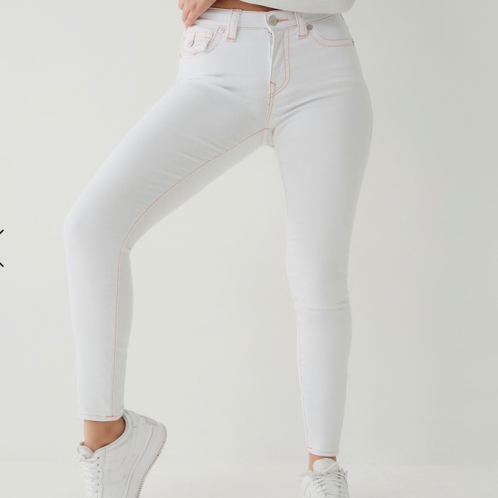 NWT True Religion Jennie Curvy Mid Rise Super Skinny White with Orange Size 31 - Picture 5 of 12